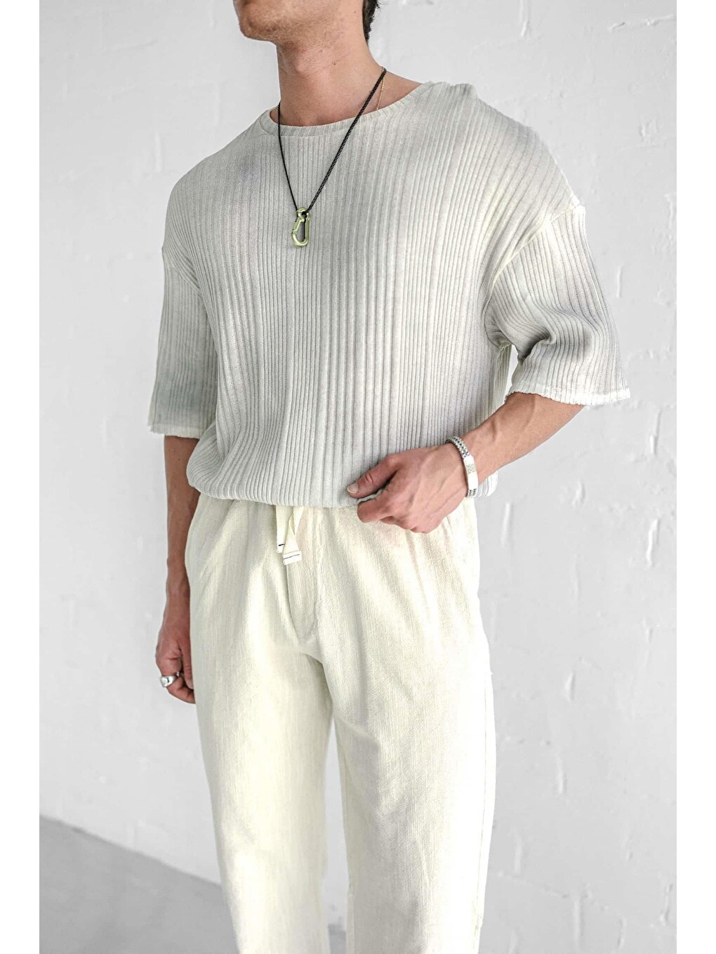 Erkek Super Oversize Desenli Triko Tişört Bej-2