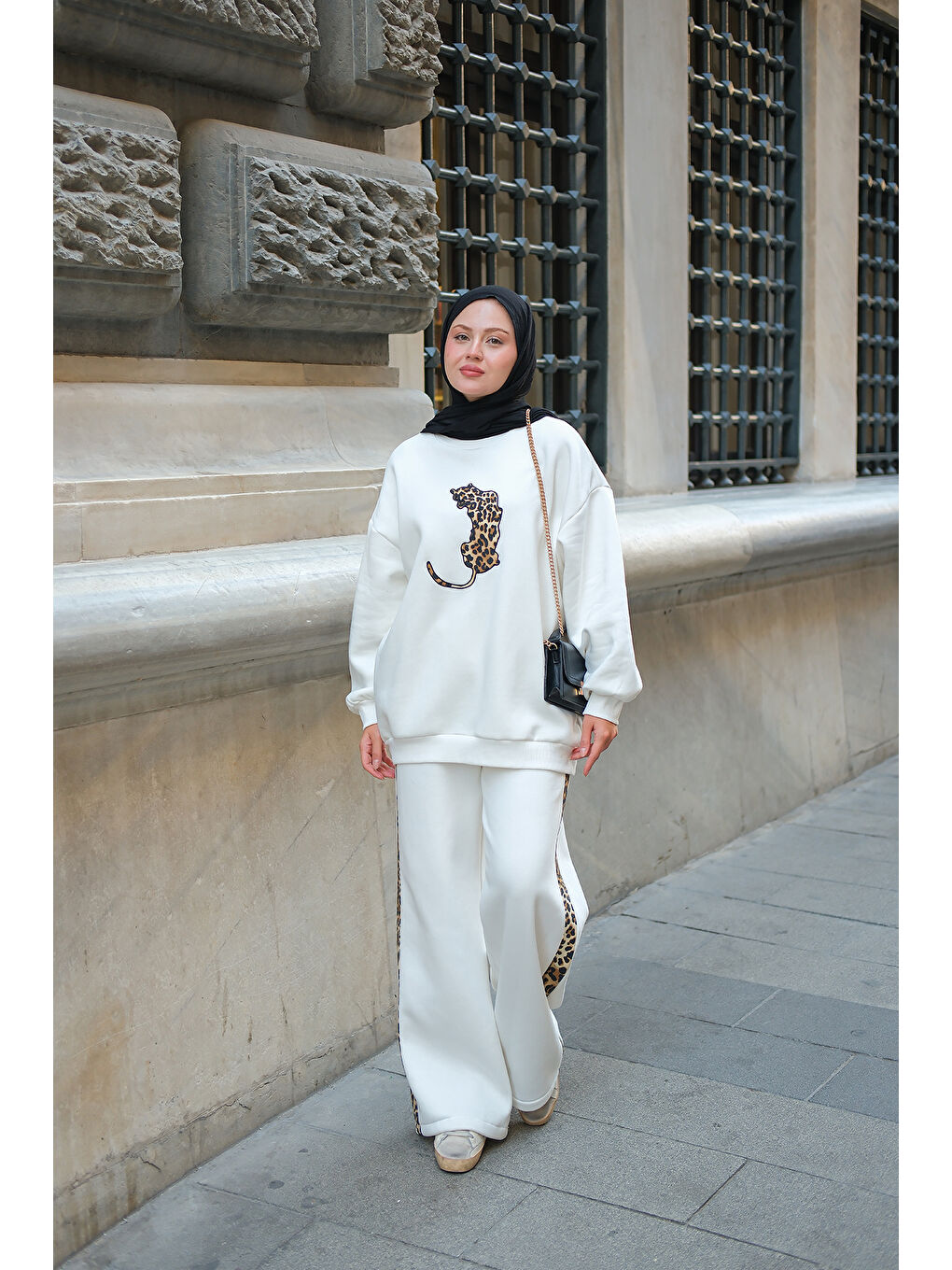 Kadın Leopar Desenli İkili Takım Beyaz-2