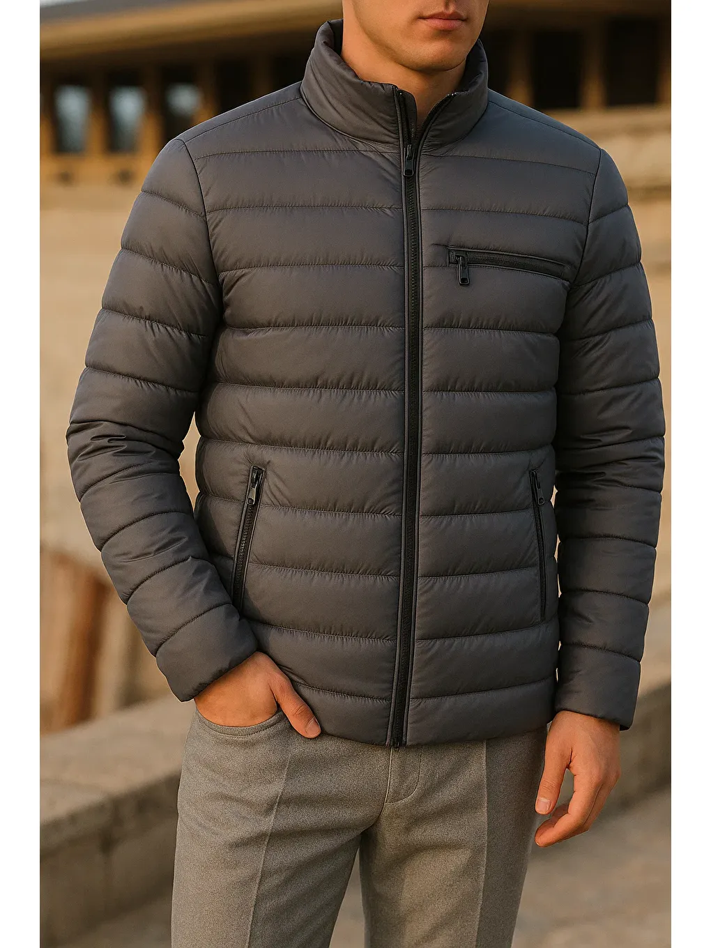 Gri Erkek Kışlık Comfort Trend Günlük Füme Şişme Mont-1