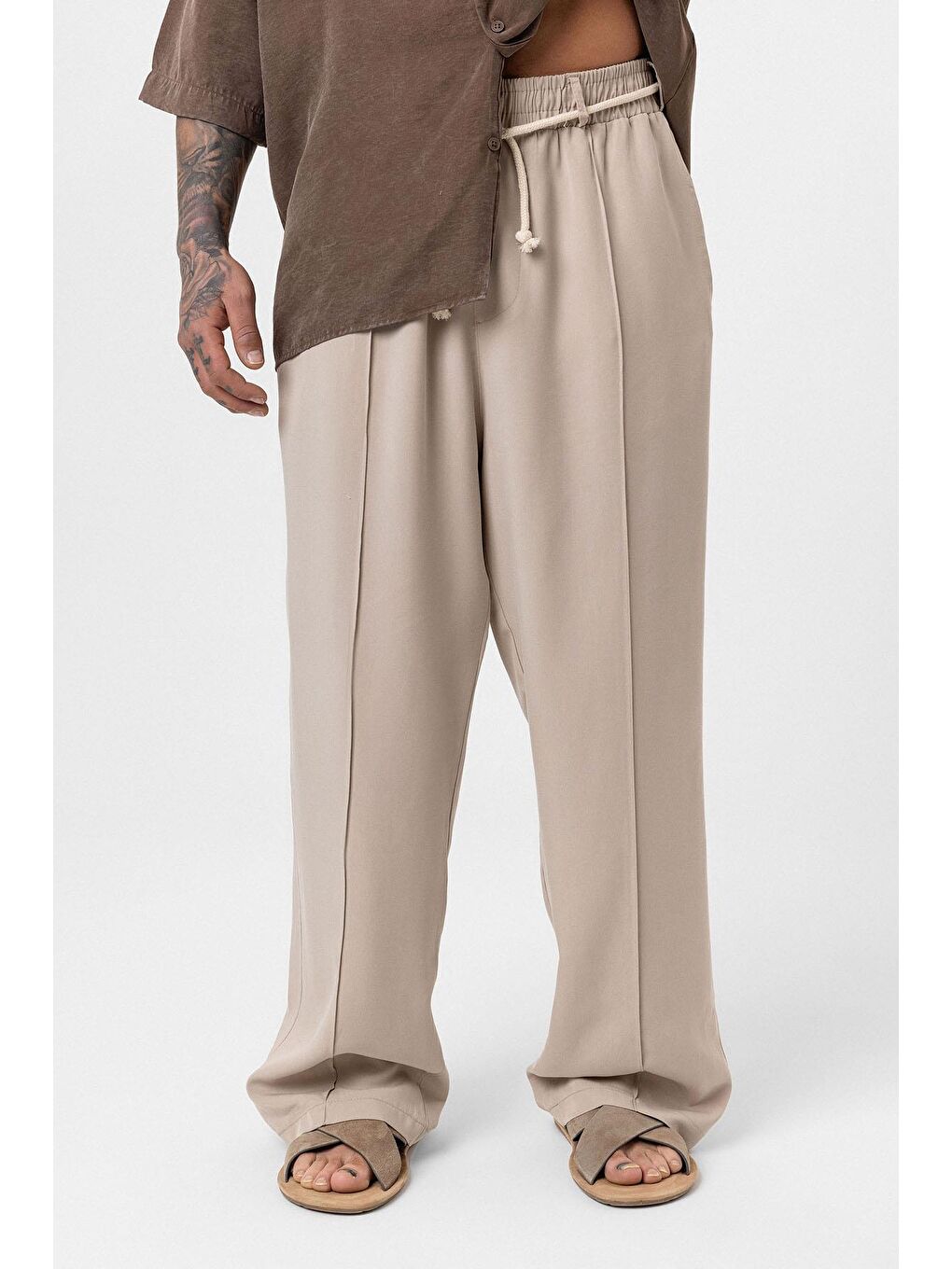 Kemer Detaylı Baggy Kumaş Erkek Pantolon Bej-2