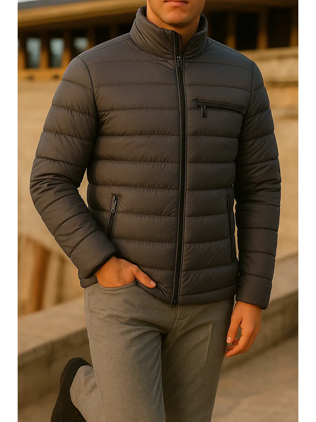 Gri Erkek Kışlık Comfort Trend Günlük Füme Şişme Mont-2