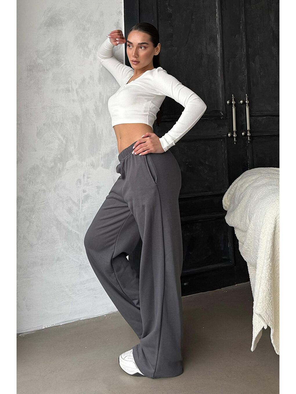 Gri Füme Bol Paça Kadın Eşofman Altı Mg2279-1