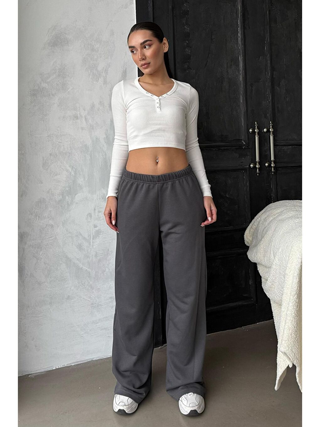 Gri Füme Bol Paça Kadın Eşofman Altı Mg2279-2