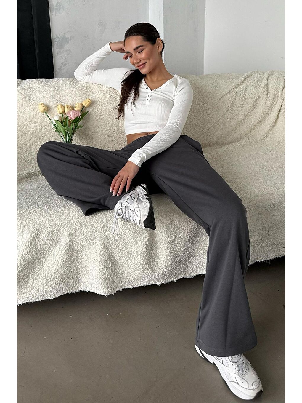 Gri Füme Bol Paça Kadın Eşofman Altı Mg2279-4