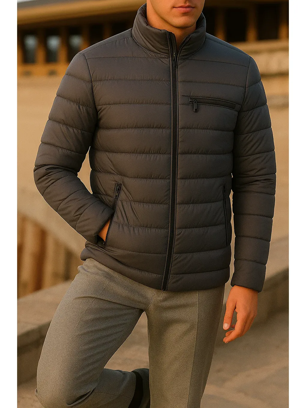 Gri Erkek Kışlık Comfort Trend Günlük Füme Şişme Mont-3