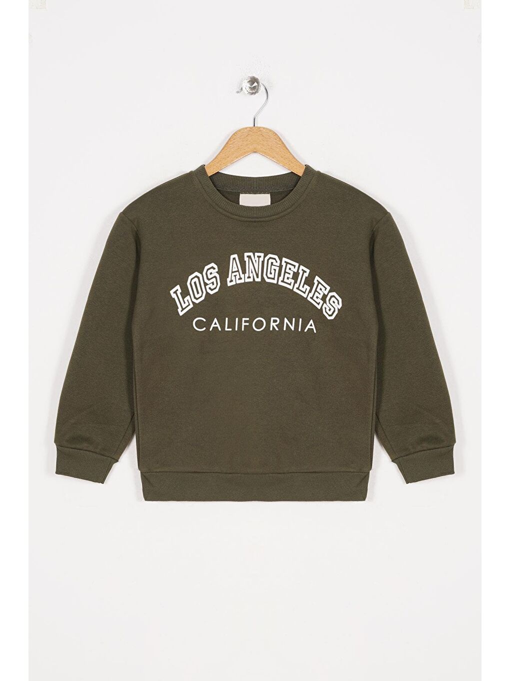 Bisiklet Yaka Uzun Kol Calıfornıa Yazı Baskılı Haki Renk Kız Çocuk Sweatshirt