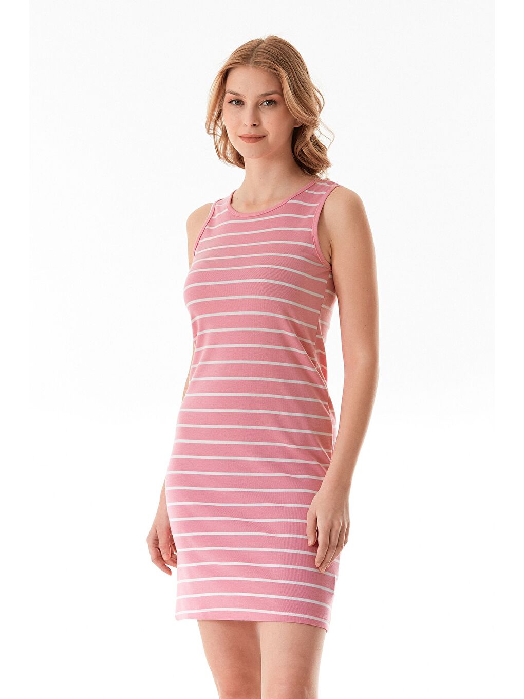 Pembe Çizgili Bisiklet Yaka Elastanlı Elbise