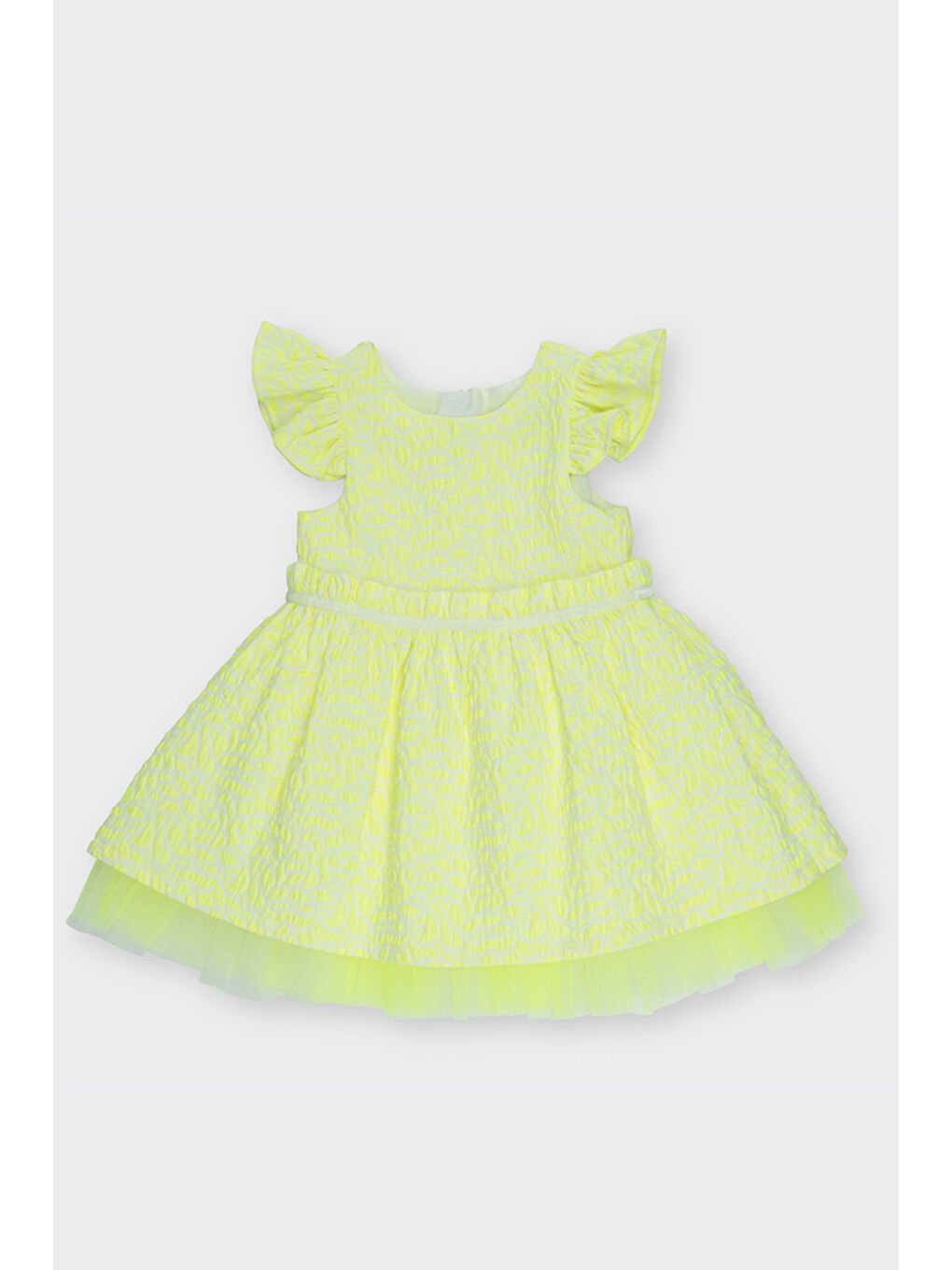 Kız Bebek Fırfır Detaylı Dokulu Sarı Elbise