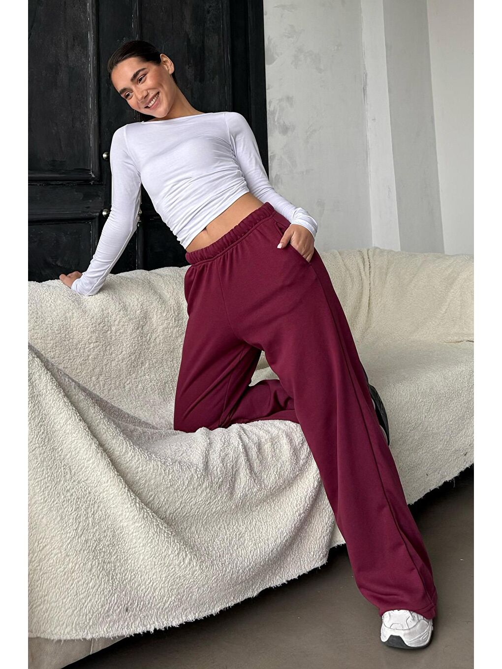 Bordo Bol Paça Kadın Eşofman Altı Mg2279-1