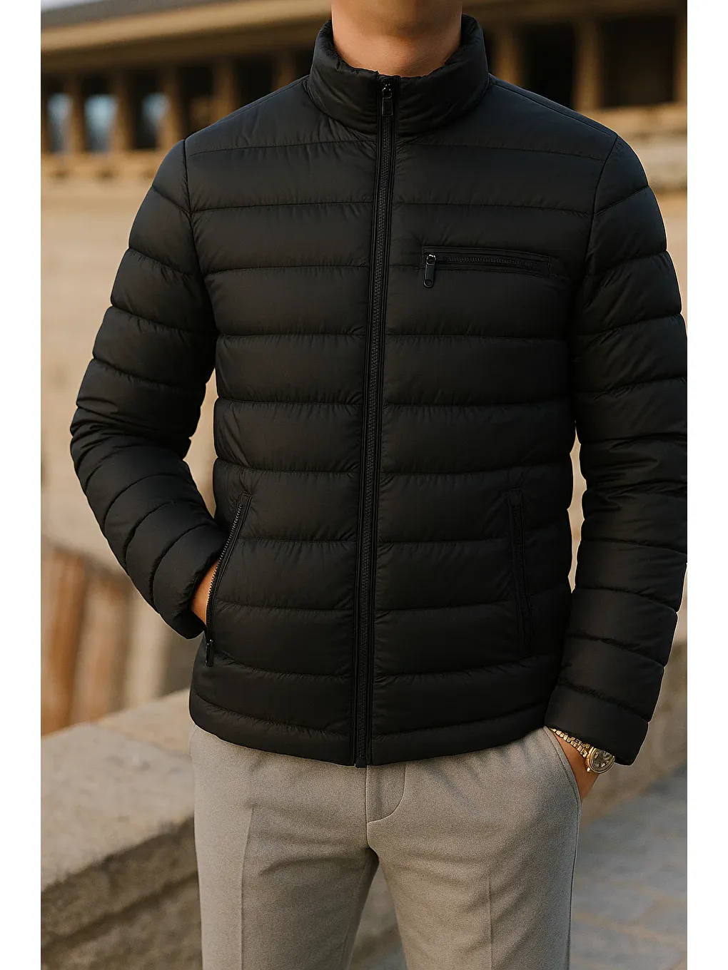 Erkek Kışlık Comfort Trend Günlük Siyah Şişme Mont