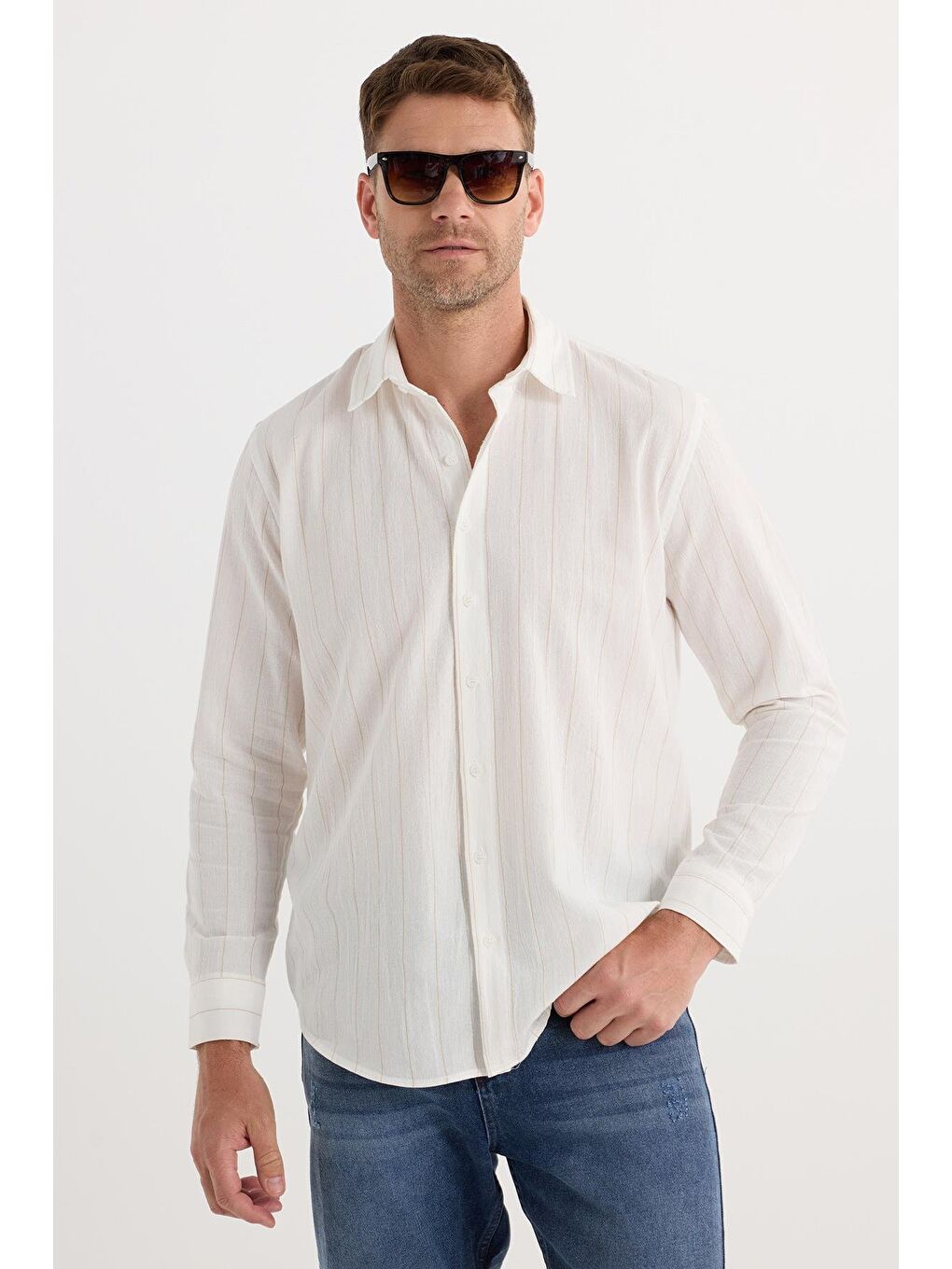 Karışık Erkek Regular Fit Klasik Kesim Spor Yaka Çizgili Pamuk Gömlek-4