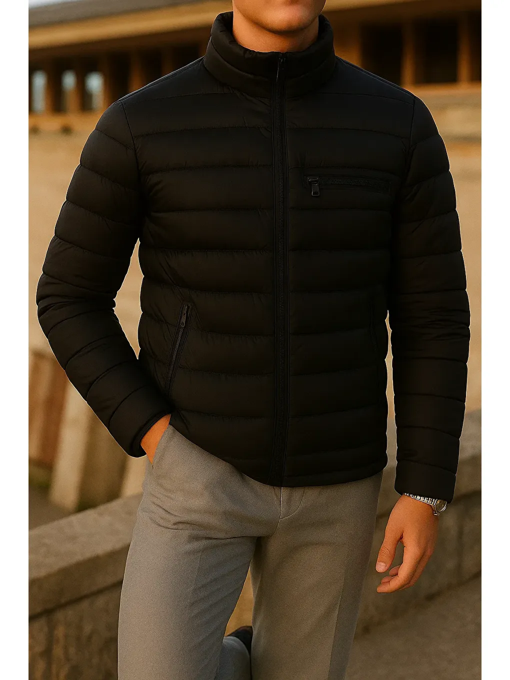 Erkek Kışlık Comfort Trend Günlük Siyah Şişme Mont-2