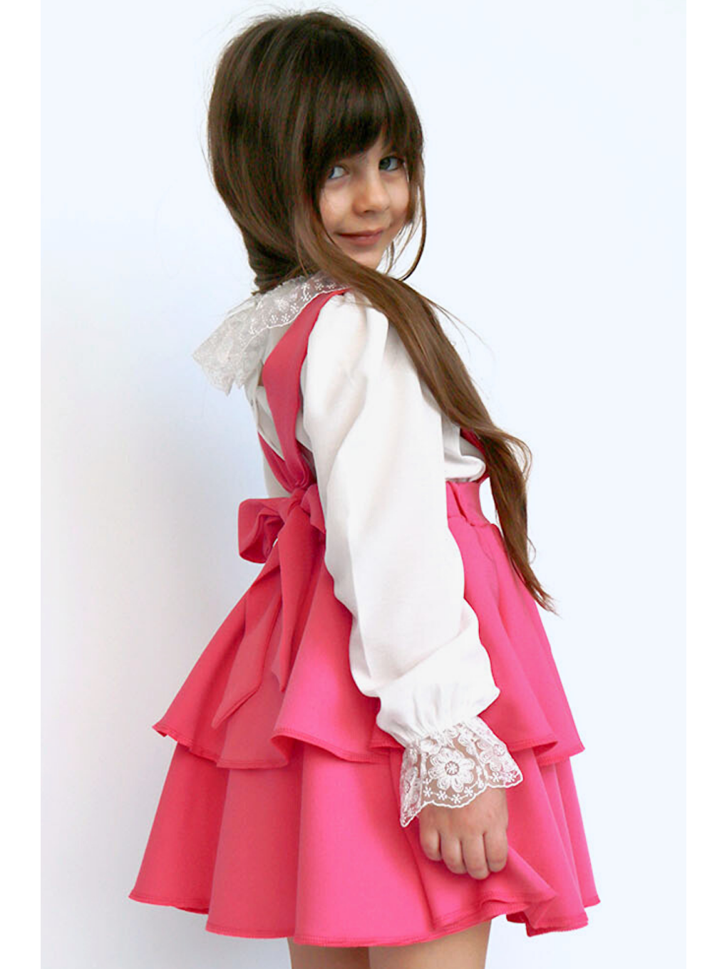 Kız Çocuk Helen Pembe Askılı Kat Kat Bağlama Jile Elbise Dantel Detay Ekru Uzun Kollu Bluz Takım-1