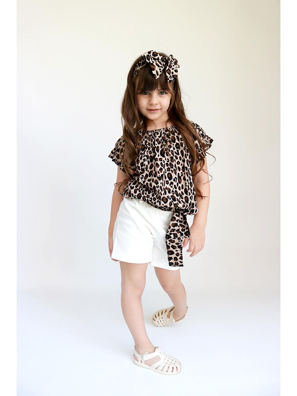 Karışık Kız Çocuk Viskon Leopar Madonna Yaka Şortlu Bandana Alt Üst Takım-5