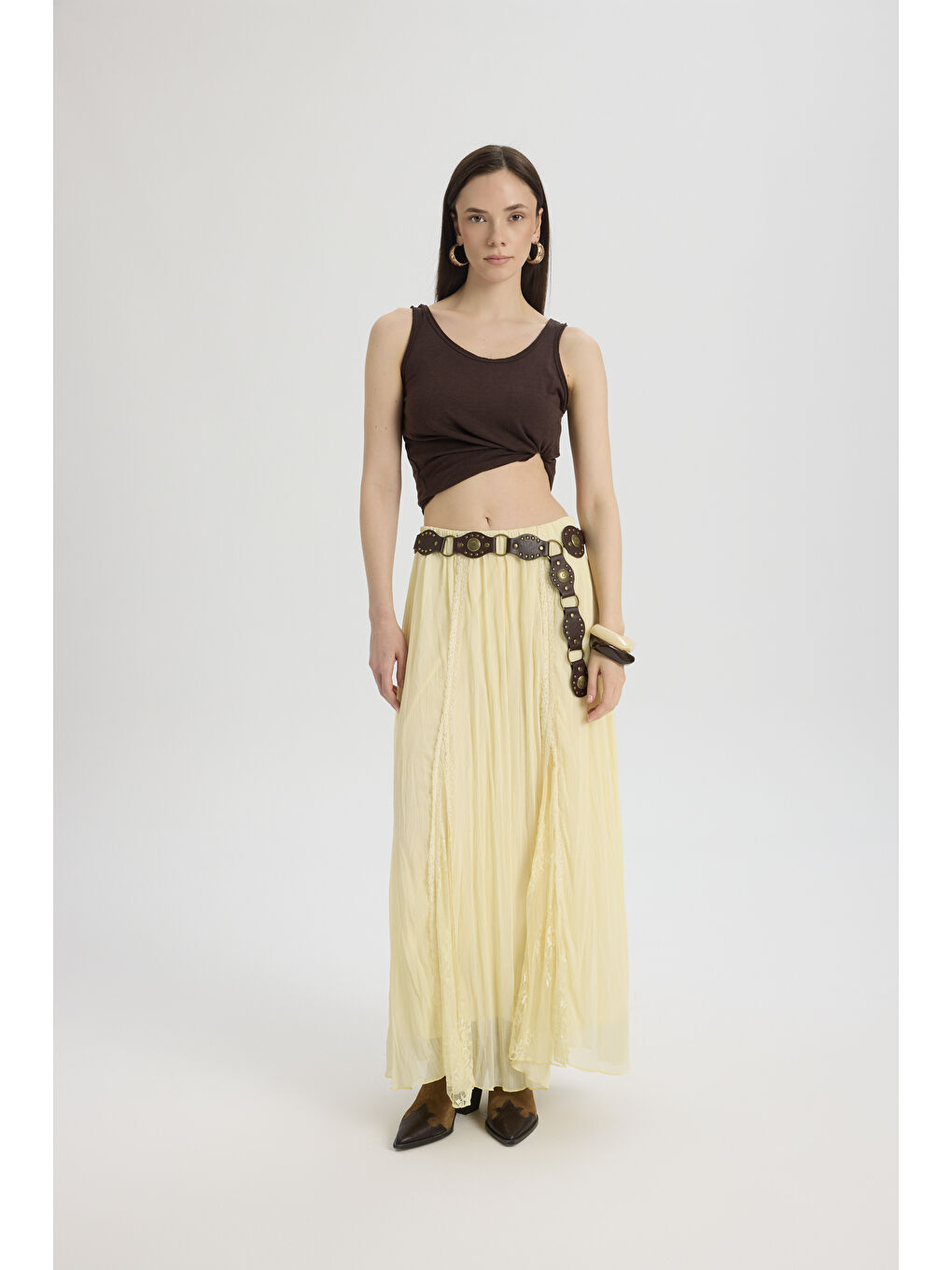 Aurore Dantel Detay Sarı Etek-1