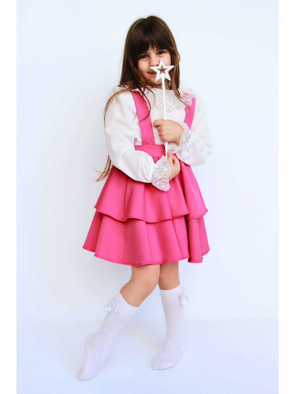 Kız Çocuk Helen Pembe Askılı Kat Kat Bağlama Jile Elbise Dantel Detay Ekru Uzun Kollu Bluz Takım-2