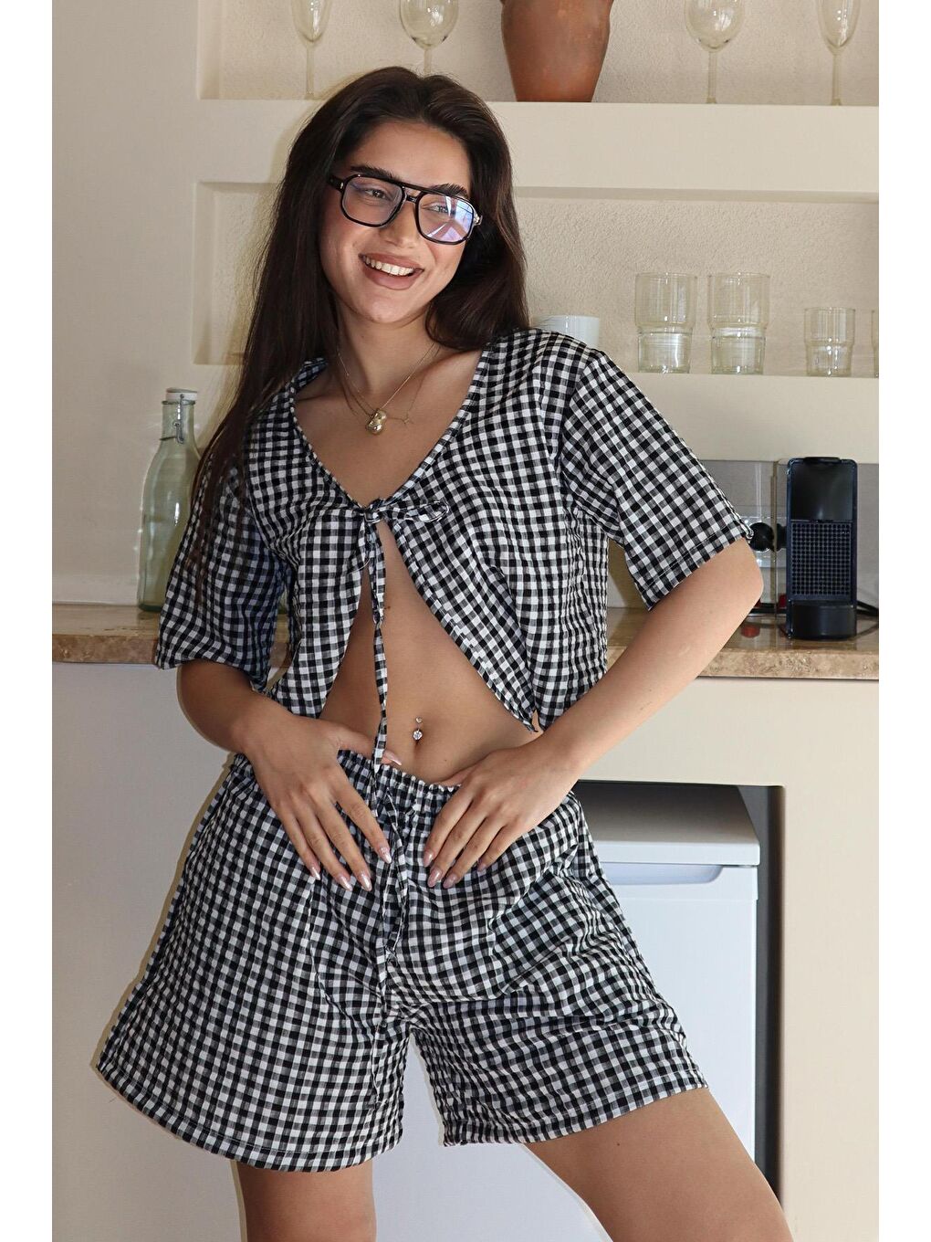 Siyah Pötikareli Şort Bluz Takım Mg2373