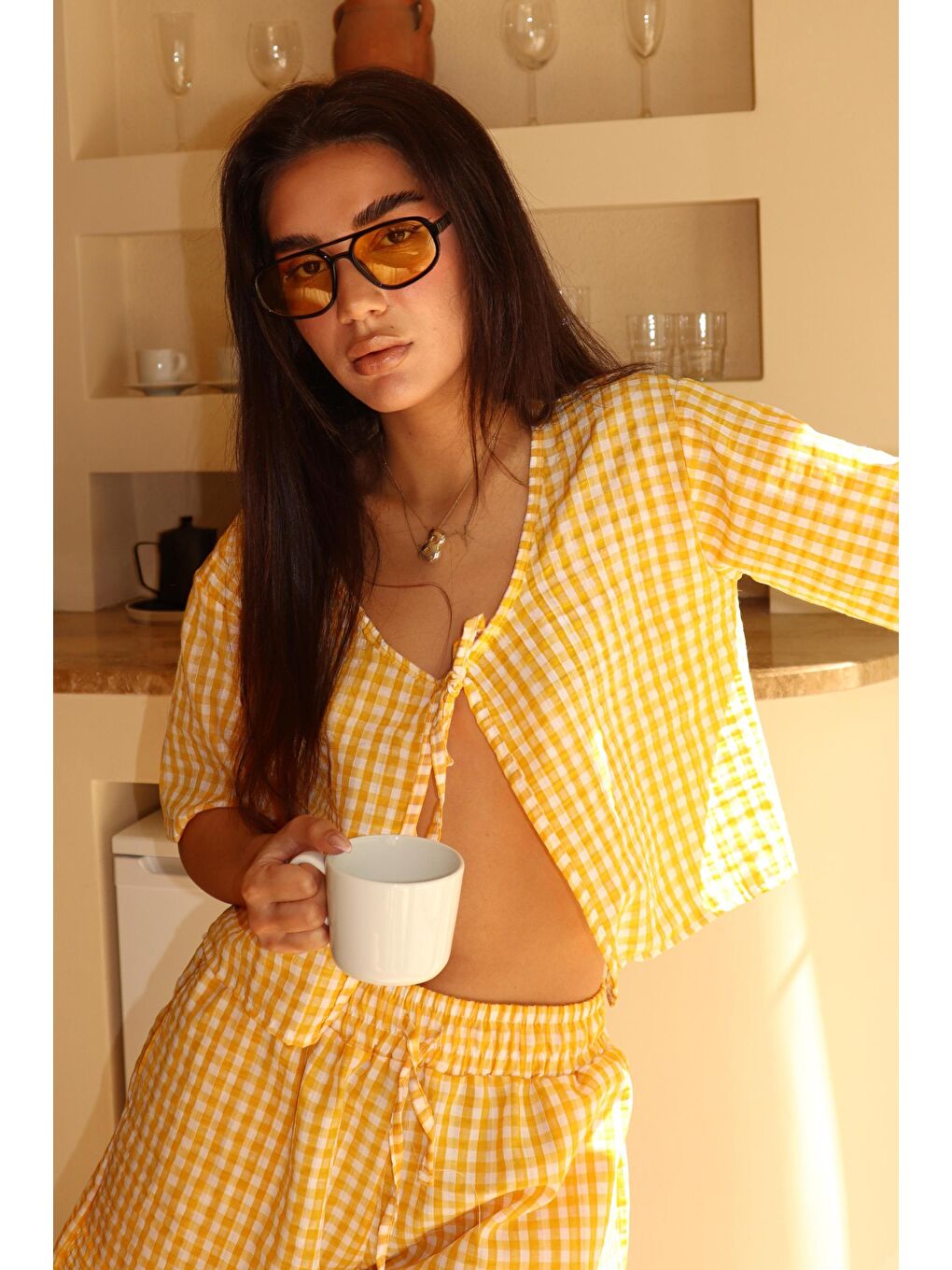 Sarı Pötikareli Şort Bluz Takım Mg2373