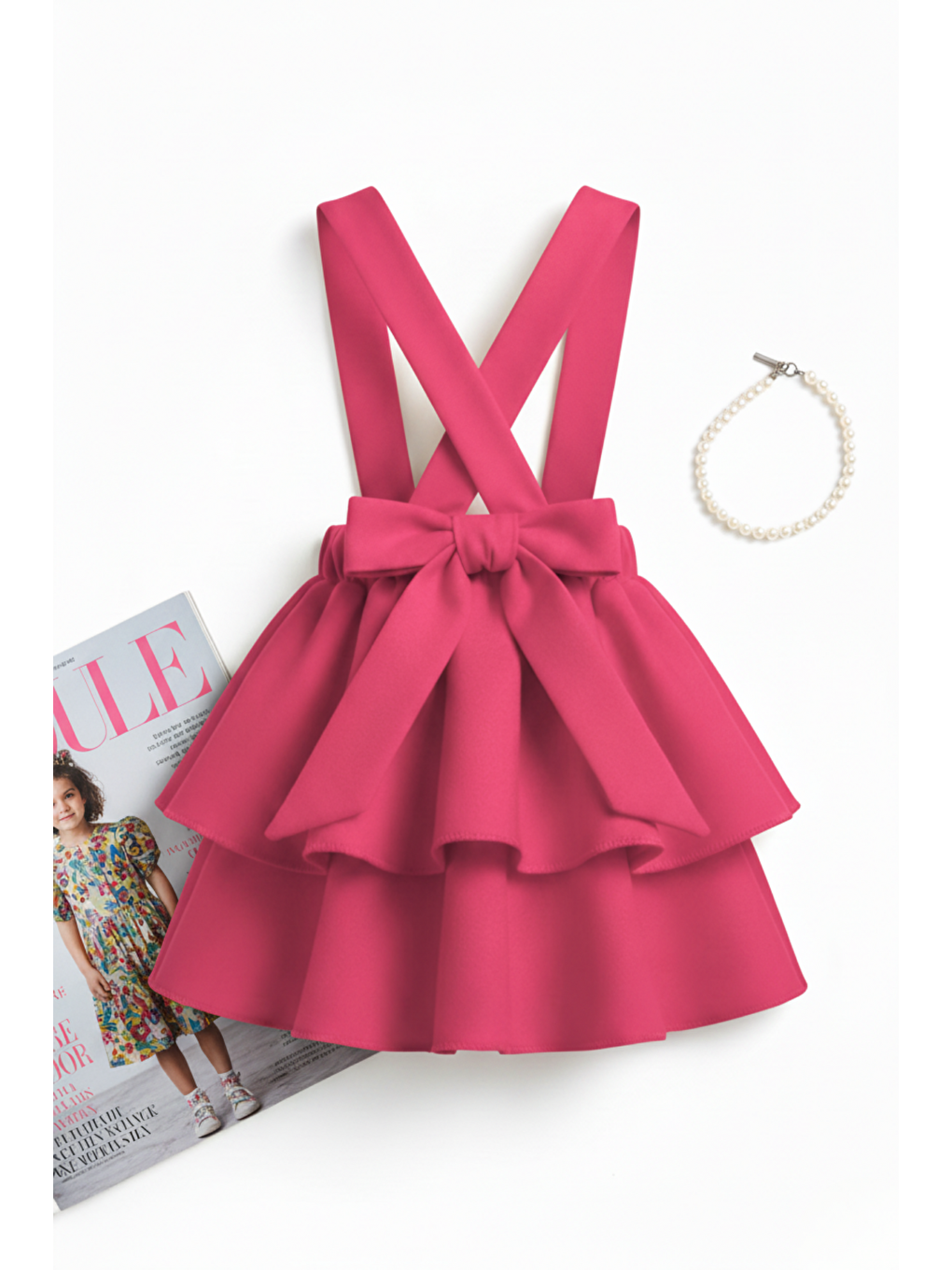 Kız Çocuk Helen Pembe Askılı Kat Kat Bağlama Jile Elbise