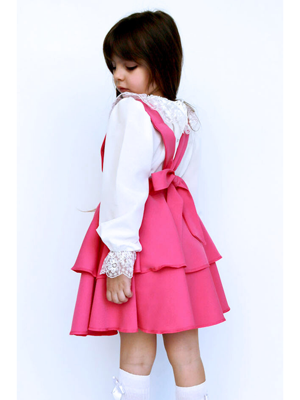 Kız Çocuk Helen Pembe Askılı Kat Kat Bağlama Jile Elbise Dantel Detay Ekru Uzun Kollu Bluz Takım-4