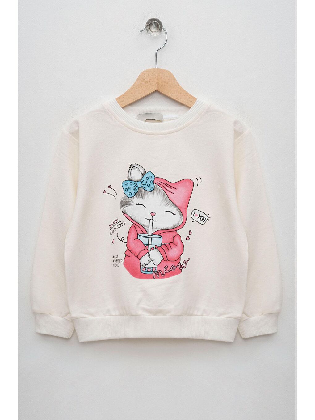 Bisiklet Yaka Uzun Kol Kedi Baskılı Ekru Renk Kız Çocuk Sweatshirt