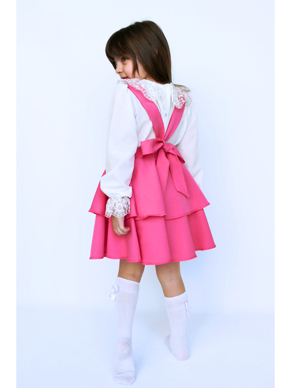 Kız Çocuk Helen Pembe Askılı Kat Kat Bağlama Jile Elbise Dantel Detay Ekru Uzun Kollu Bluz Takım-5