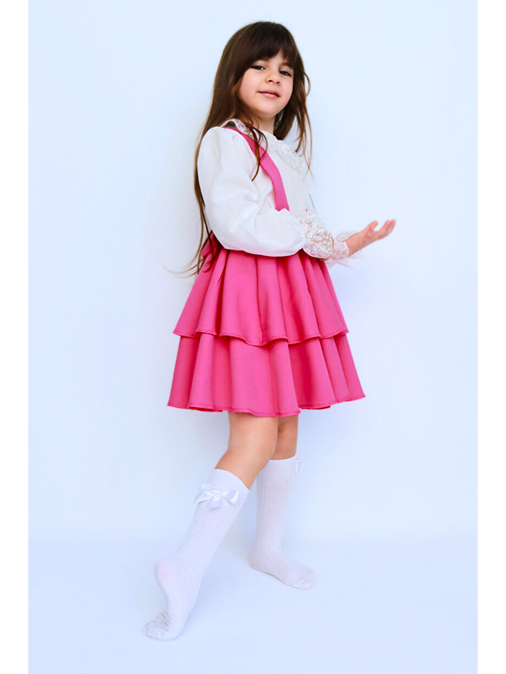 Kız Çocuk Helen Pembe Askılı Kat Kat Bağlama Jile Elbise Dantel Detay Ekru Uzun Kollu Bluz Takım-6