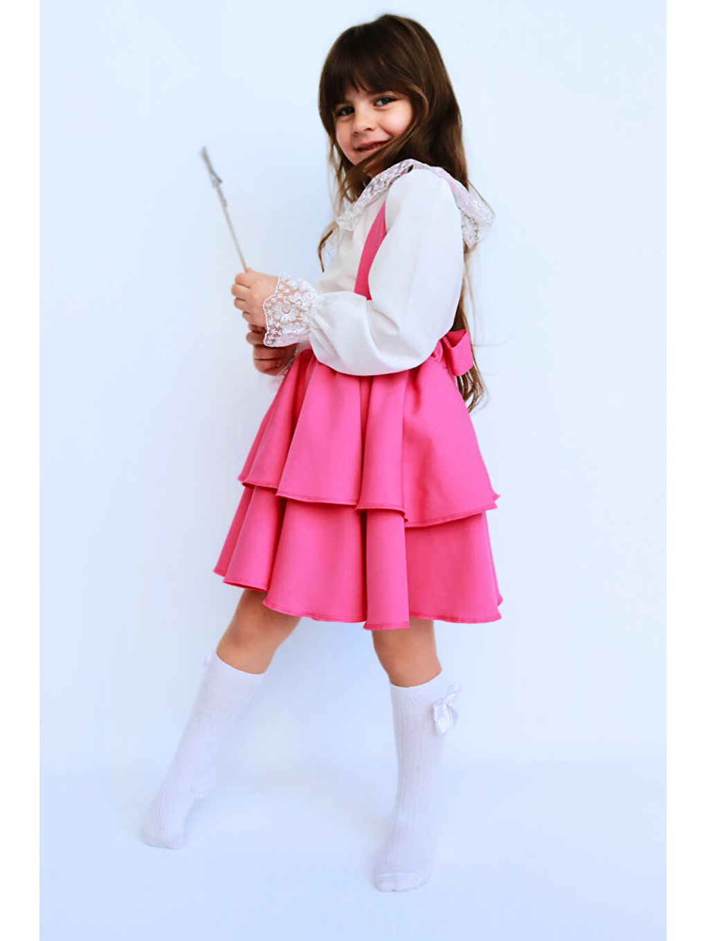 Kız Çocuk Helen Pembe Askılı Kat Kat Bağlama Jile Elbise Dantel Detay Ekru Uzun Kollu Bluz Takım-7