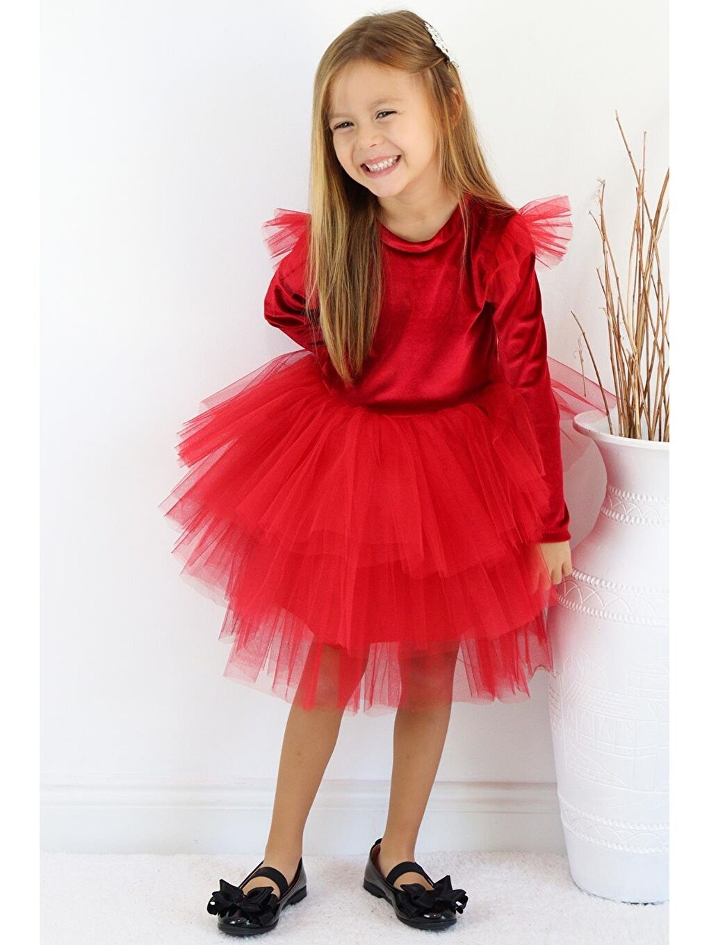 Kız Çocuk Pearly Kırmızı Uzun Kollu Kadife Tüllü Tütü Yılbaşı Düğün Doğum Günü Parti Elbisesi-1