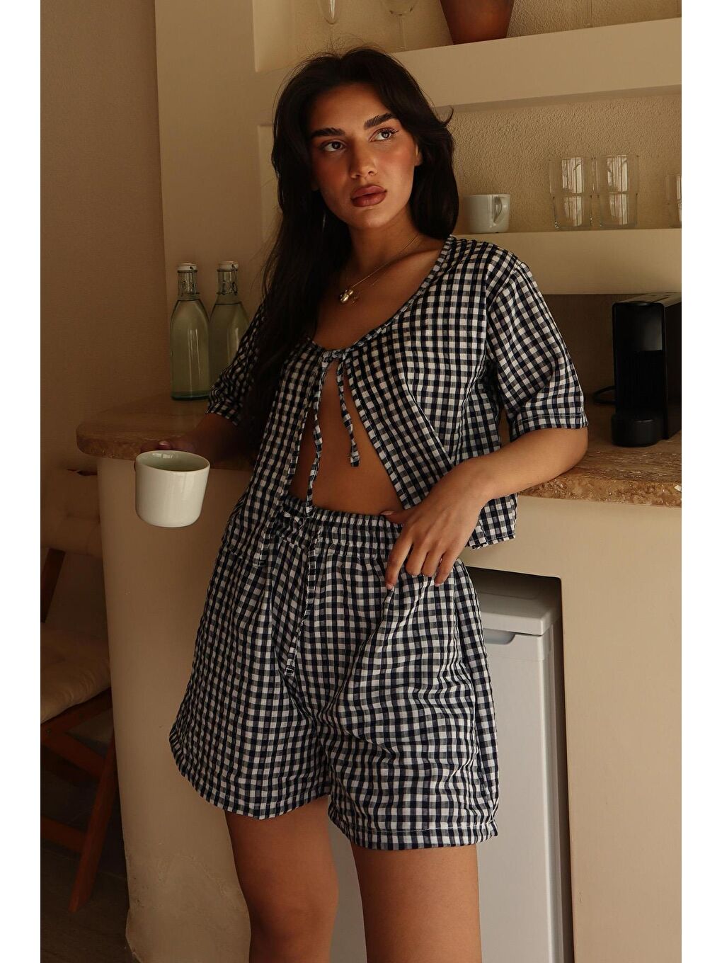 Lacivert Pötikareli Şort Bluz Takım Mg2373-1