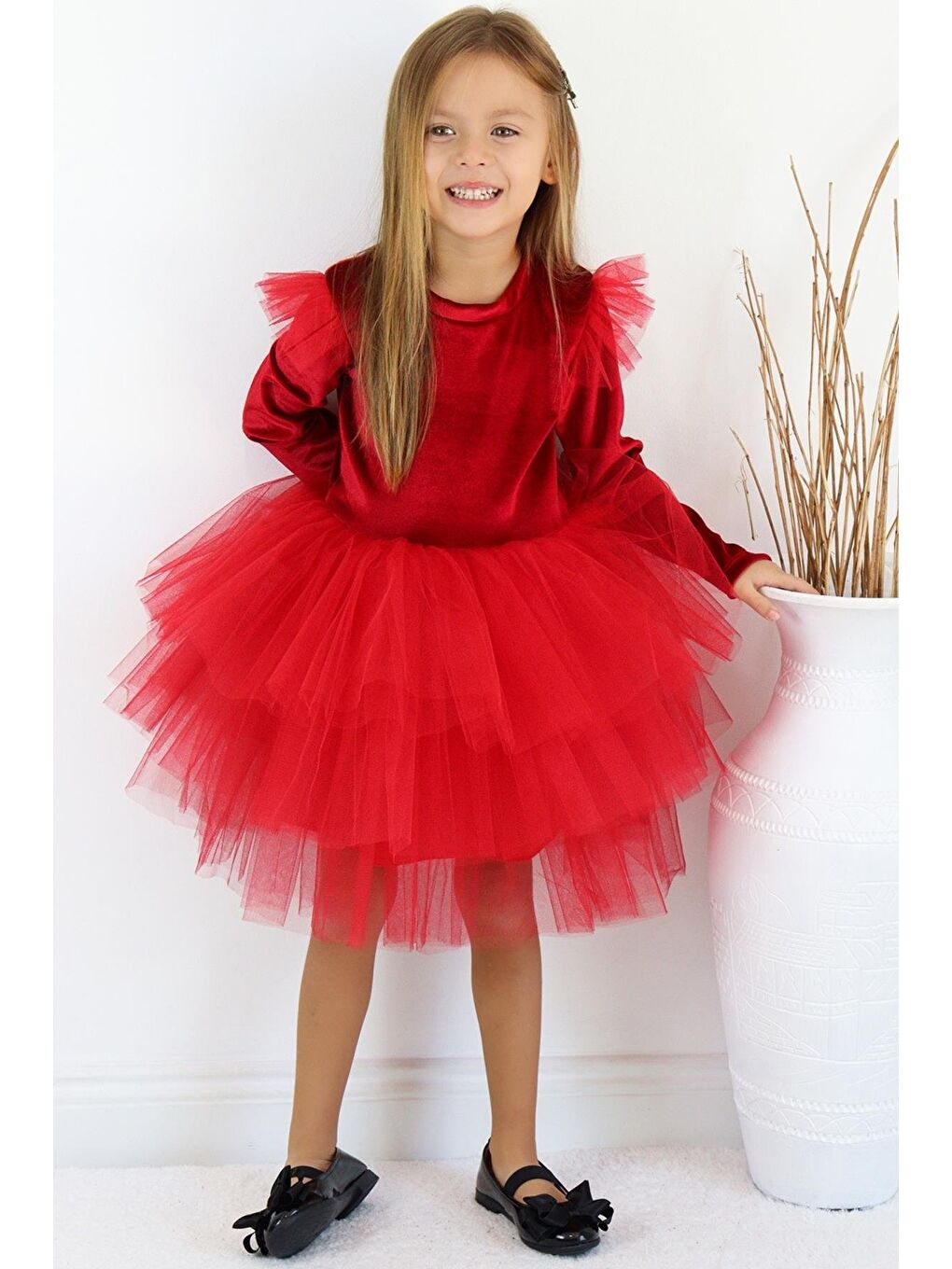 Kız Çocuk Pearly Kırmızı Uzun Kollu Kadife Tüllü Tütü Yılbaşı Düğün Doğum Günü Parti Elbisesi-2