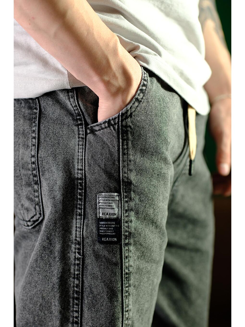 Antrasit Reax Camilla Beli Lastikli İpli Düz Paça Rahat Kesim Erkek Jean Pantolon-1