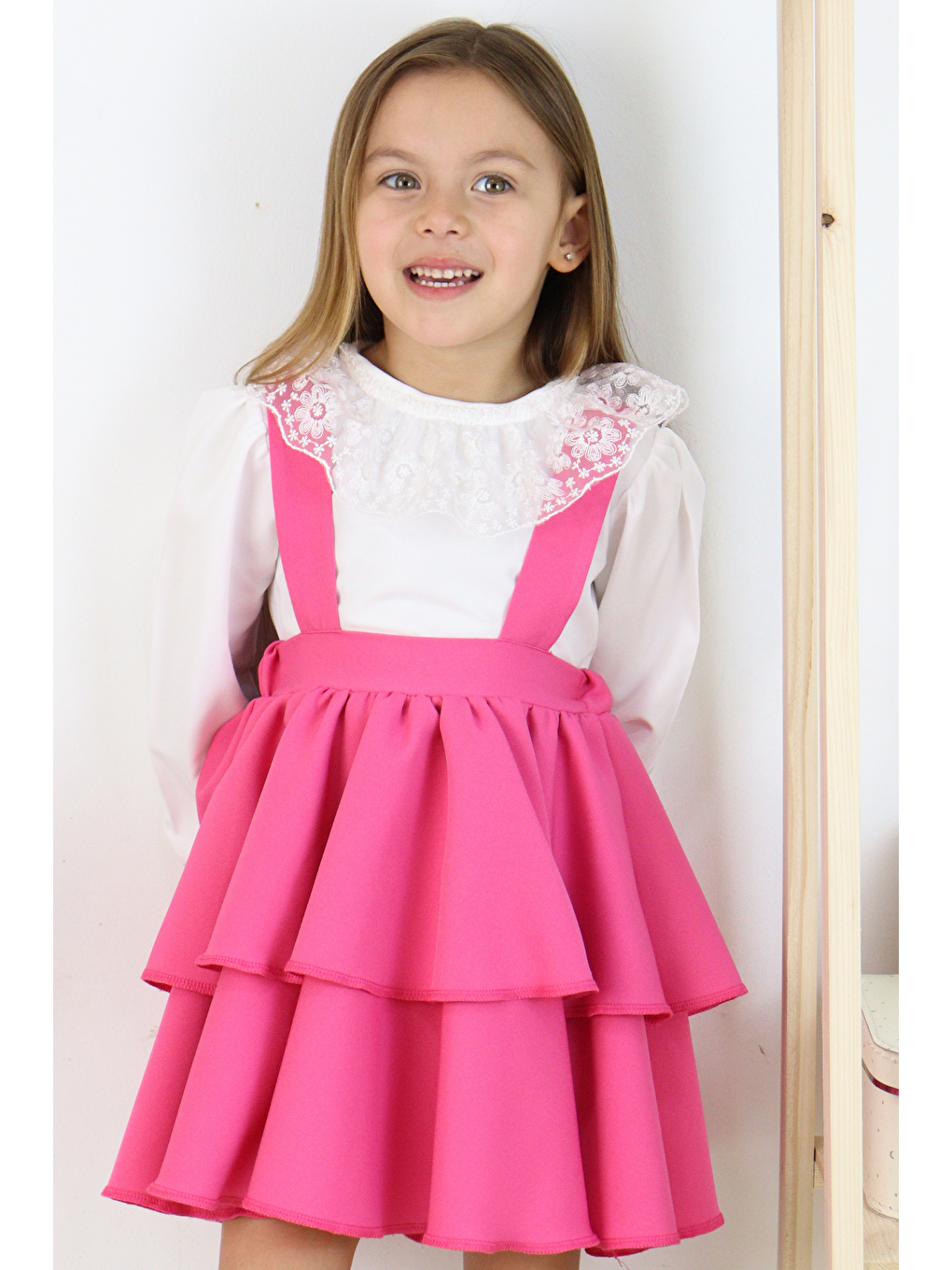 Kız Çocuk Helen Pembe Askılı Kat Kat Bağlama Jile Elbise Dantel Detay Ekru Uzun Kollu Bluz Takım-8