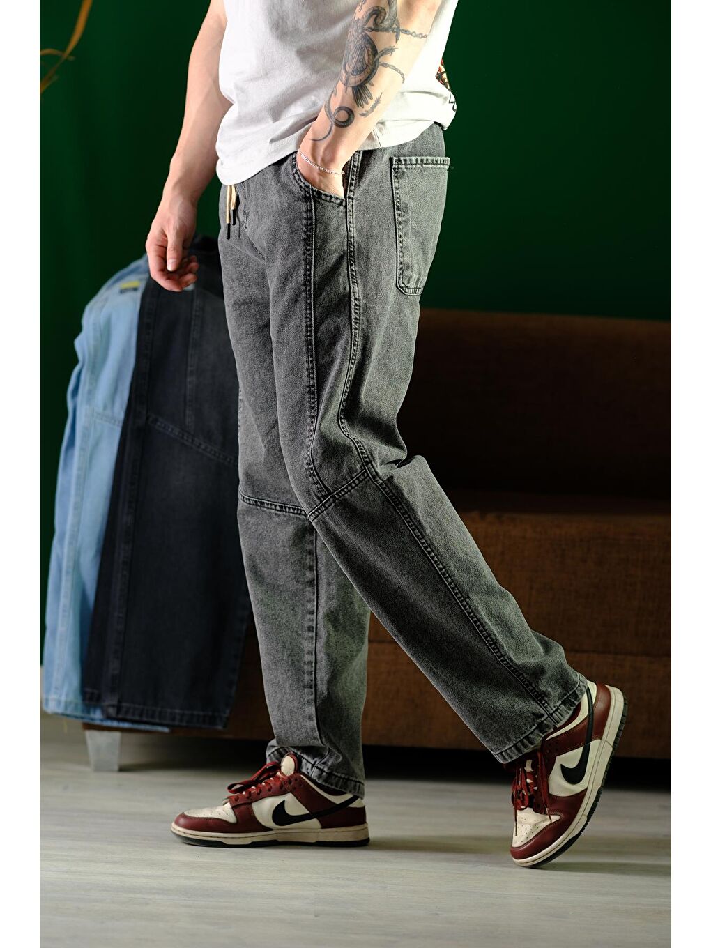 Antrasit Reax Camilla Beli Lastikli İpli Düz Paça Rahat Kesim Erkek Jean Pantolon-2