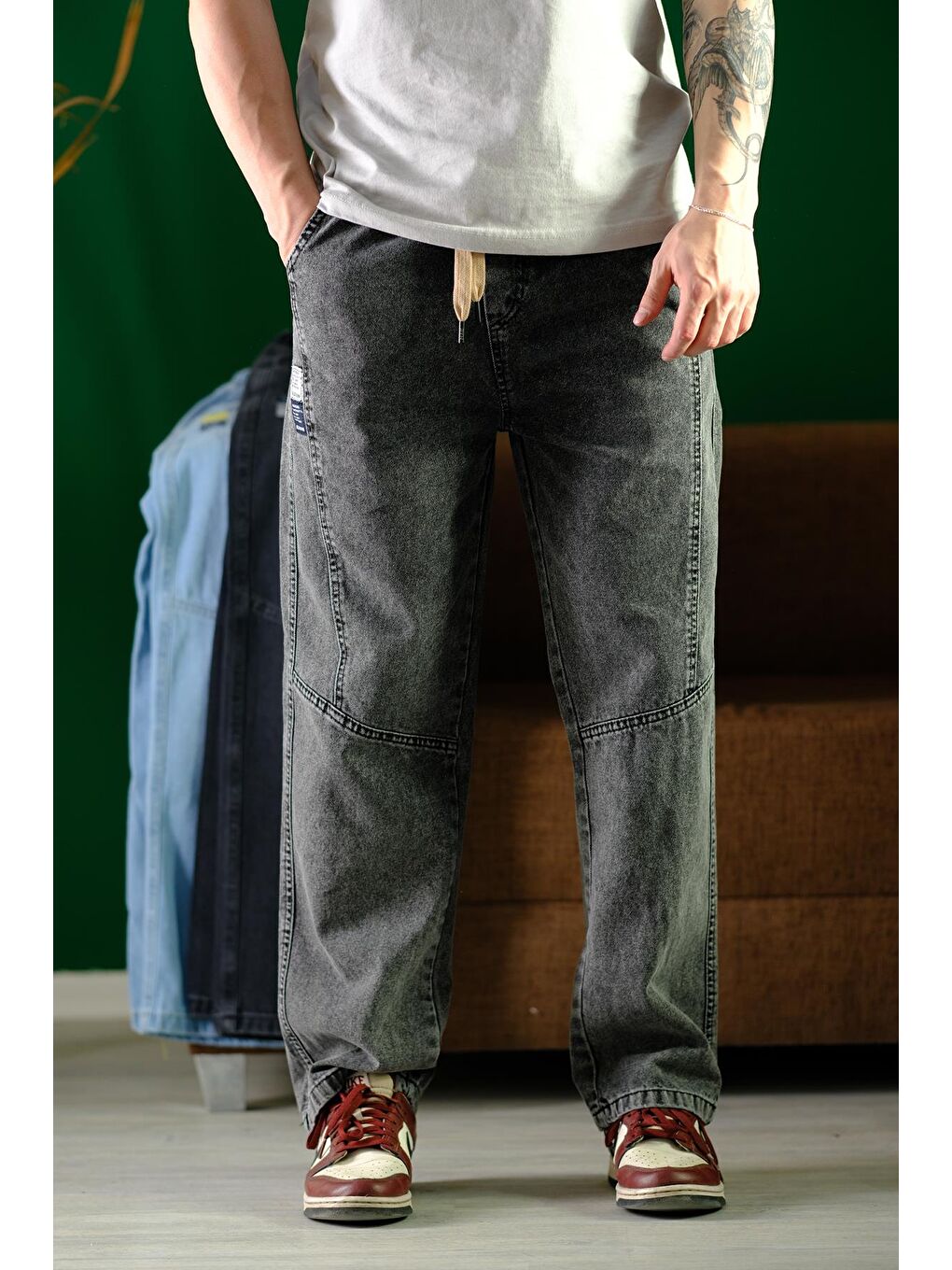 Antrasit Reax Camilla Beli Lastikli İpli Düz Paça Rahat Kesim Erkek Jean Pantolon-3