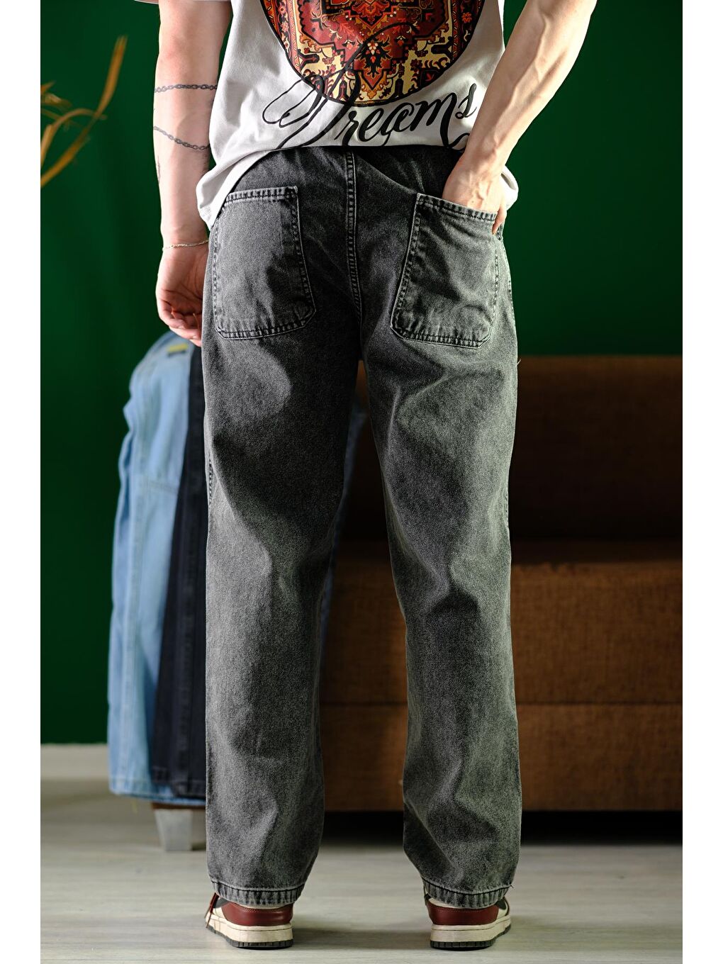 Antrasit Reax Camilla Beli Lastikli İpli Düz Paça Rahat Kesim Erkek Jean Pantolon-4