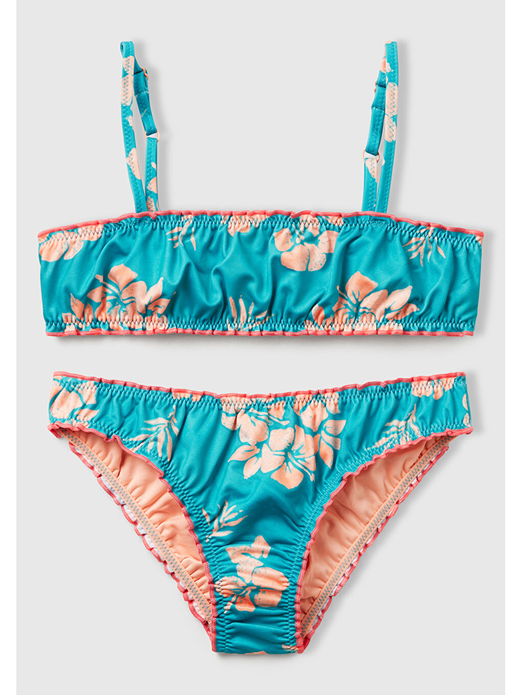 Kız Çocuk Turkuaz Desenli Fırfır Detaylı Ayarlanabilir Askılı Bikini Takımı