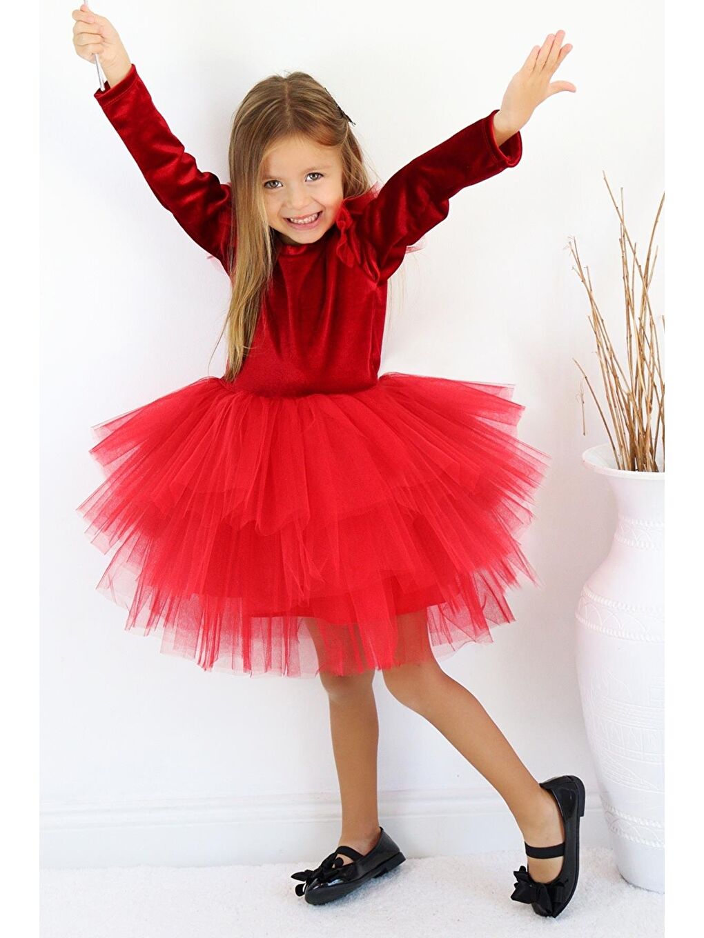 Kız Çocuk Pearly Kırmızı Uzun Kollu Kadife Tüllü Tütü Yılbaşı Düğün Doğum Günü Parti Elbisesi-4