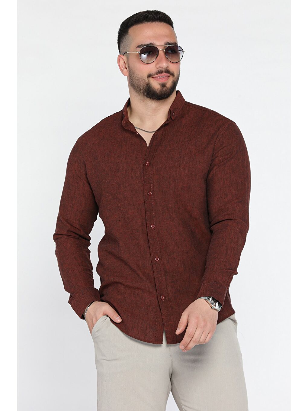 Kahverengi Uzun Kol Erkek Keten Gömlek