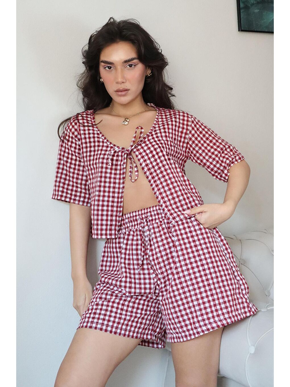 Bordo Pötikareli Şort Bluz Takım Mg2373