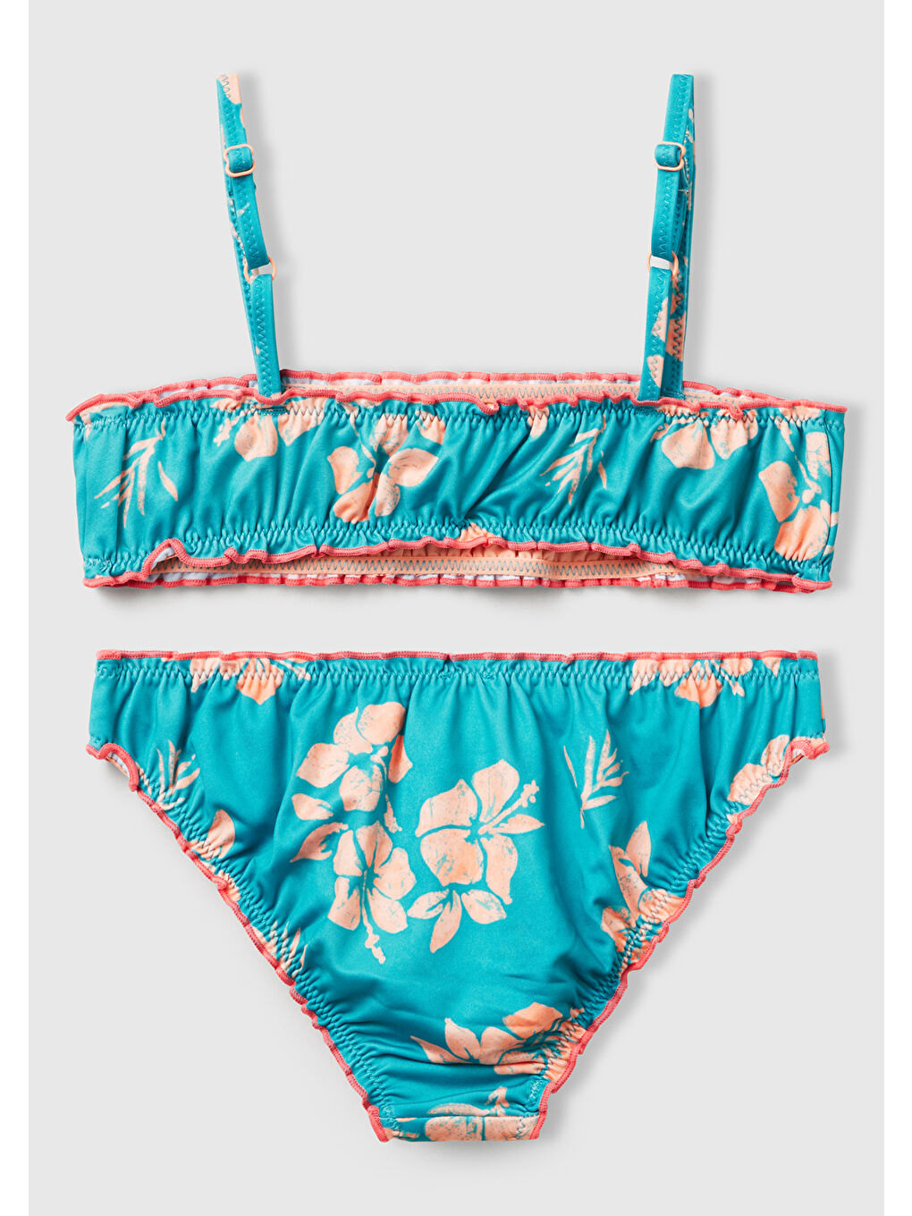 Kız Çocuk Turkuaz Desenli Fırfır Detaylı Ayarlanabilir Askılı Bikini Takımı-1