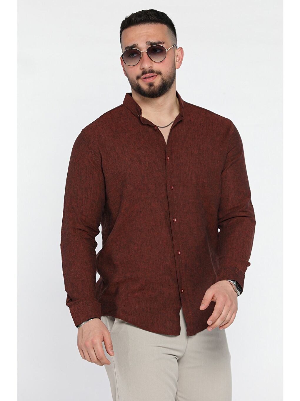 Kahverengi Uzun Kol Erkek Keten Gömlek-1