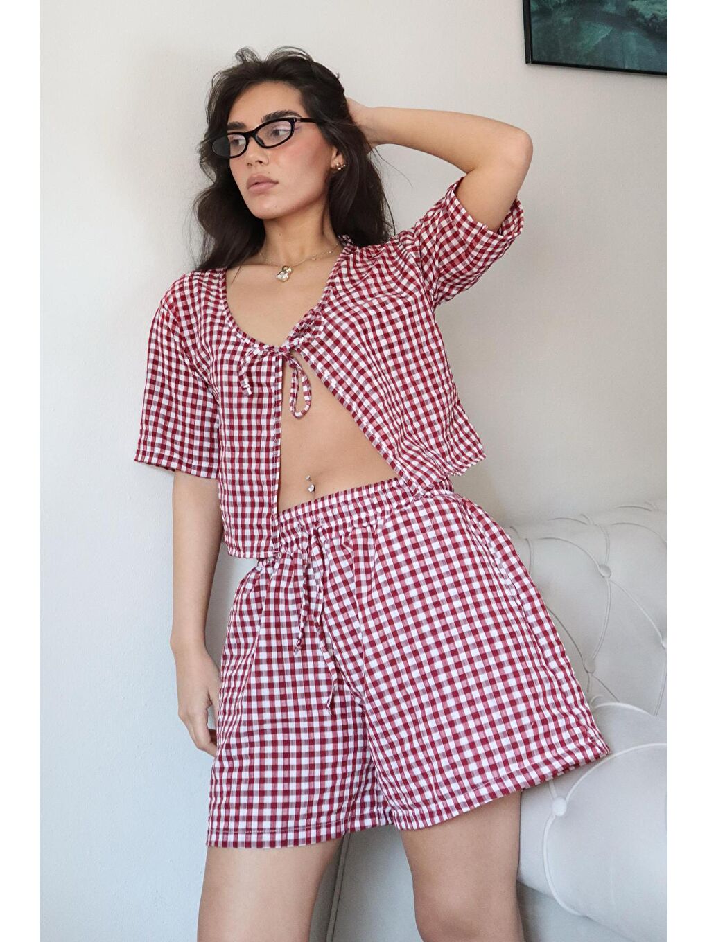 Bordo Pötikareli Şort Bluz Takım Mg2373-1