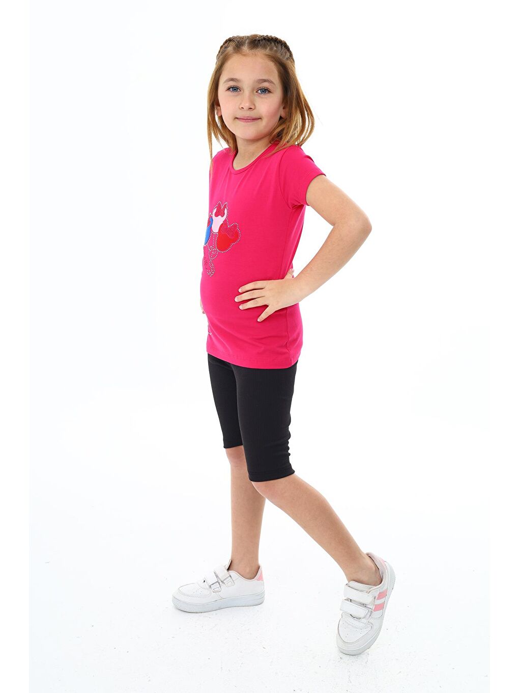 Fuşya Kız Çocuk Taş Süslemeli Kısa Taytlı Takım 3-13 Yaş Zu102-1