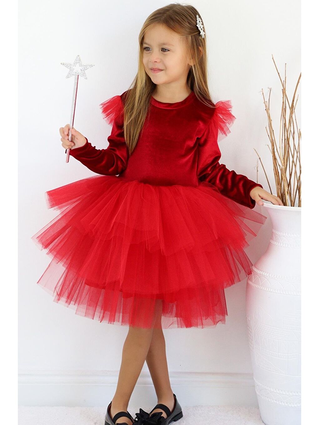 Kız Çocuk Pearly Kırmızı Uzun Kollu Kadife Tüllü Tütü Yılbaşı Düğün Doğum Günü Parti Elbisesi-5