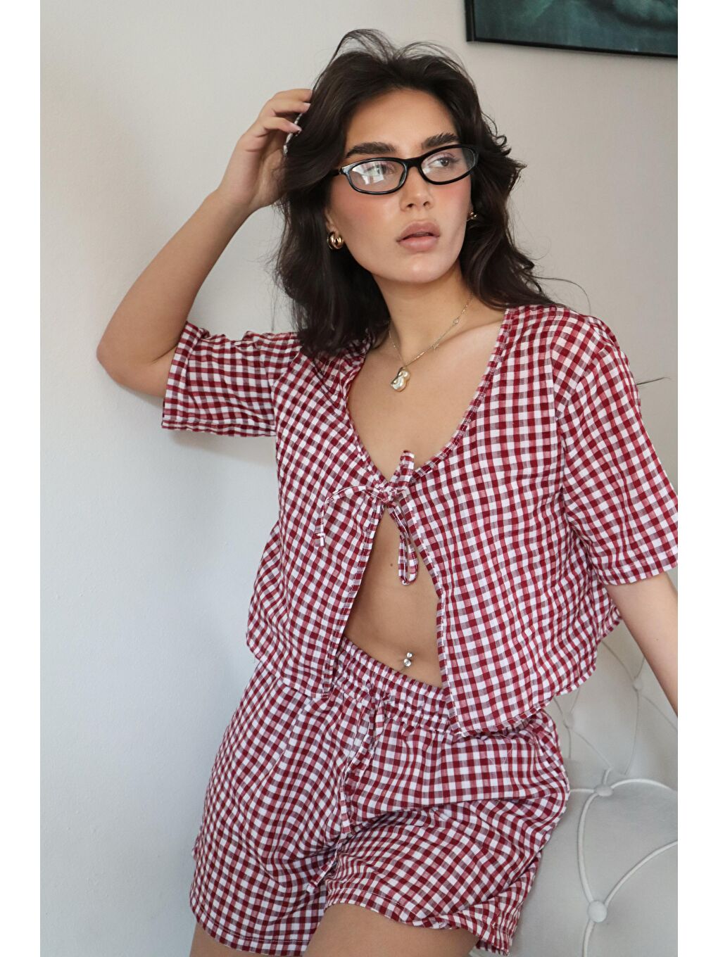 Bordo Pötikareli Şort Bluz Takım Mg2373-2