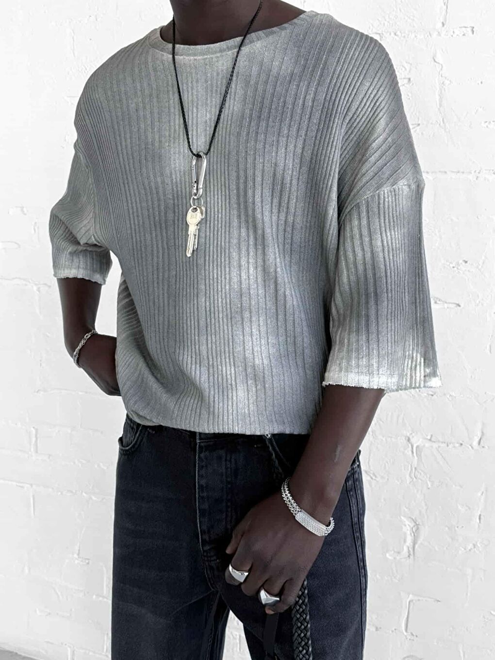 Erkek Super Oversize Desenli Triko T-Shirt Siyah-2