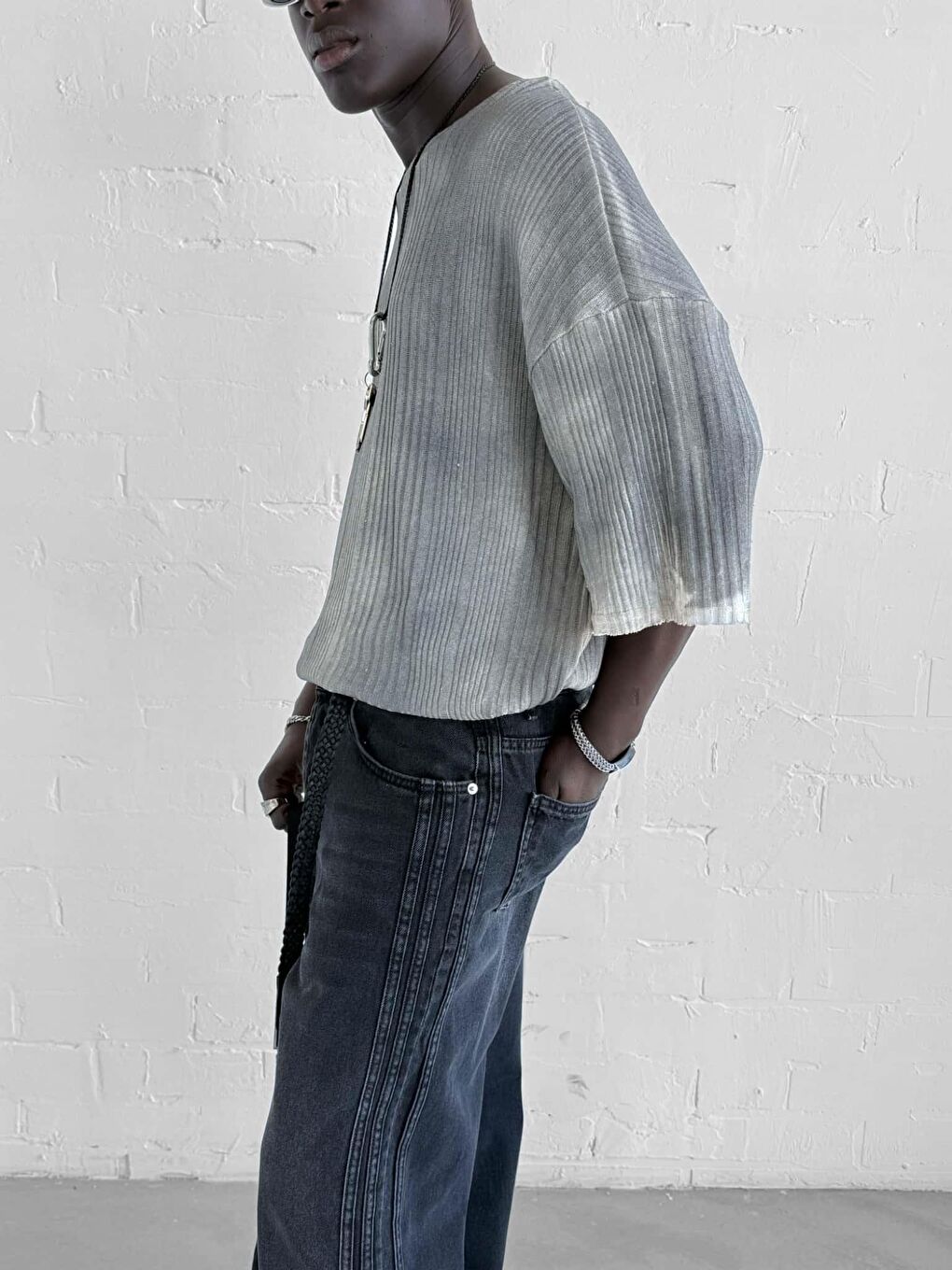 Erkek Super Oversize Desenli Triko T-Shirt Siyah-3