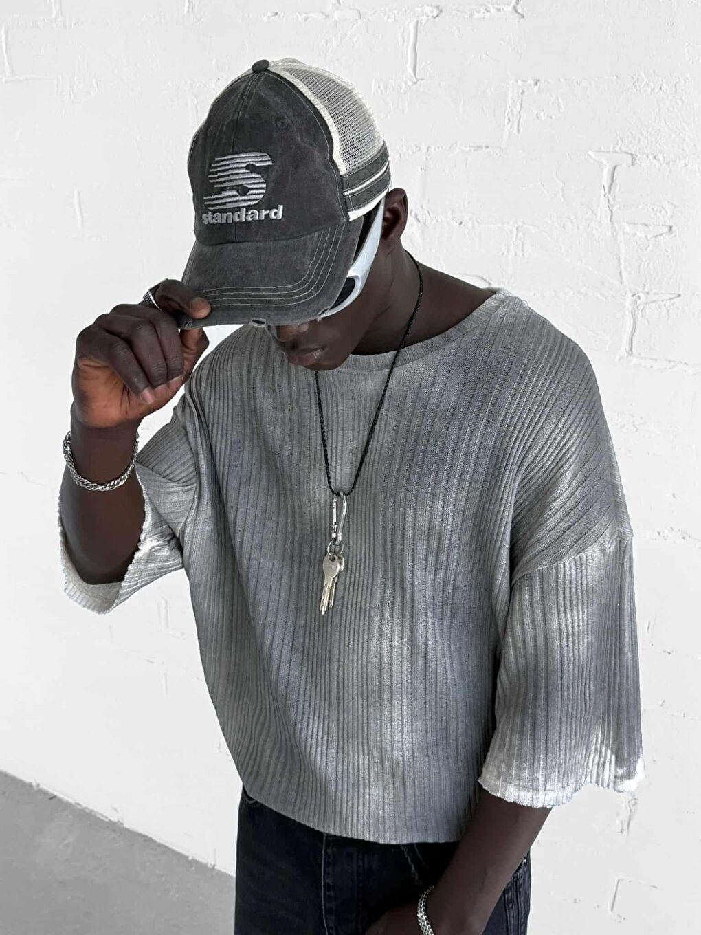 Erkek Super Oversize Desenli Triko T-Shirt Siyah-4