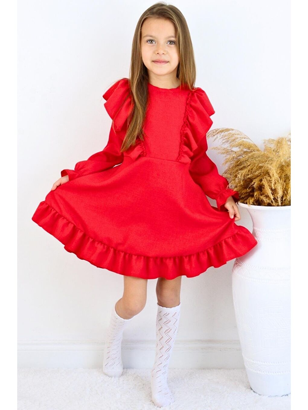 Kız Çocuk Catherine Kırmızı Fiyonklu Fırfırlı Uzun Kol Keten 23 Nisan 29 Ekim Gösteri Elbisesi-1